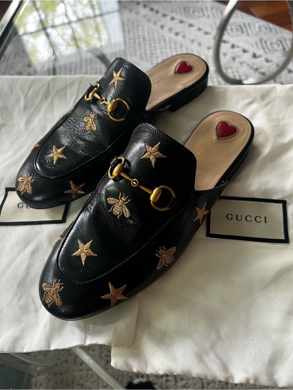 Gucci Princetown Black Leather embroidered bees / stars mules slides size 36.5